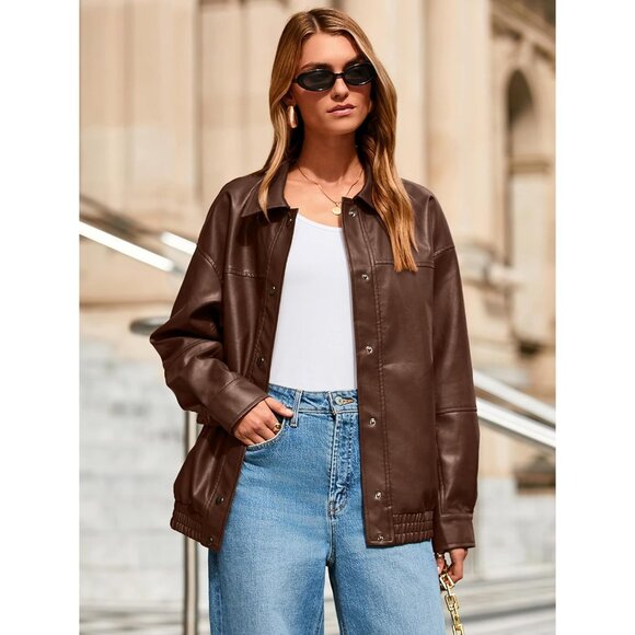 Women's Oversized Faux Leather Brown Jacket Button Down Moto Bomber Winter Coat - Picture 3 of 6
